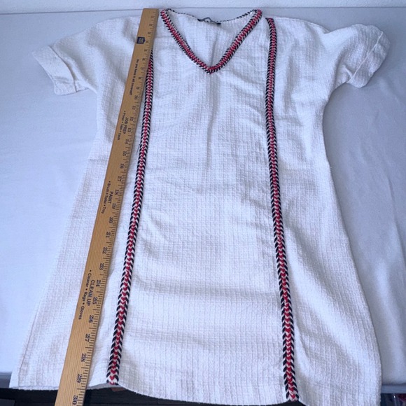 Zara TRF White Textured V-Neck Tunic Dress Braided Trim Red Navy Blue Small - Picture 6 of 10